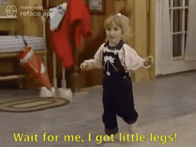 A Little Girl Is Running In A Room With The Words `` Wait For Me , I Got Little Legs '' . GIF
