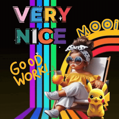 A Little Girl Is Sitting In A Chair Holding A Drink And A Pikachu Standing Next To Her GIF