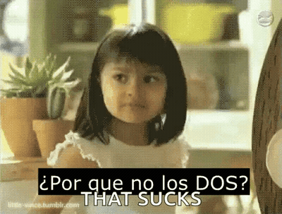 A Little Girl Is Sitting In Front Of Potted Plants And A Sign That Says Por Que No Los Dos That Sucks . GIF