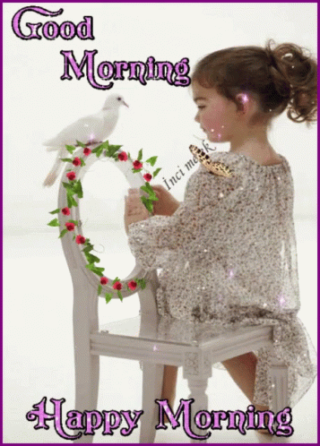 A Little Girl Is Sitting On A Chair With A Bird On Her Head And The Words Good Morning Happy Morning GIF