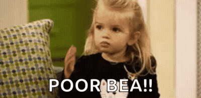 A Little Girl Is Sitting On A Couch With A Pillow And A Sign That Says Poor Bea . GIF