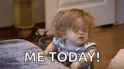 A Little Girl Is Sitting On A Couch With Her Eyes Closed And Says `` Me Today ! '' GIF
