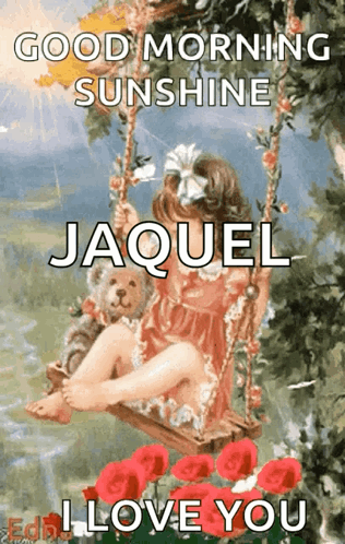 A Little Girl Is Sitting On A Swing With A Teddy Bear And Flowers . GIF
