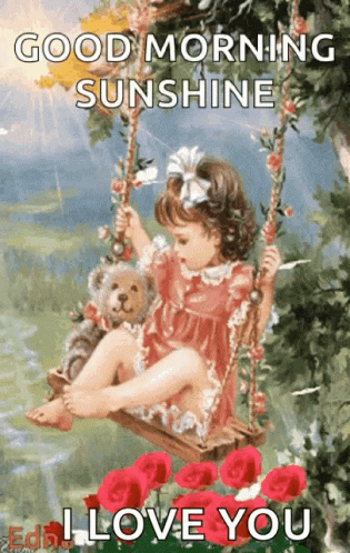 A Little Girl Is Sitting On A Swing With A Teddy Bear And Roses . GIF