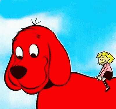 A Little Girl Is Sitting On The Back Of A Large Red Dog GIF