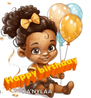 A Little Girl Is Sitting On The Floor Holding Balloons And A Sign That Says Happy Birthday . GIF