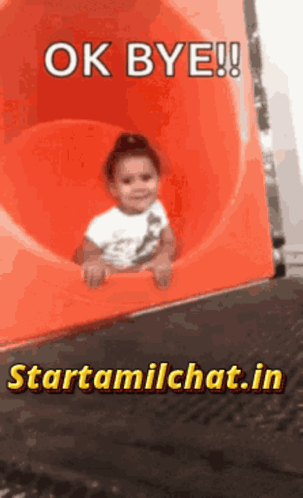 A Little Girl Is Sliding Down An Orange Slide With The Words Ok Bye GIF