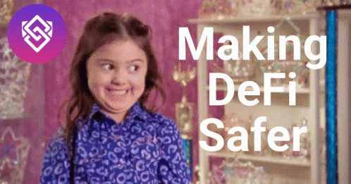 A Little Girl Is Smiling In Front Of A Pink Wall With The Words Making Defi Safer GIF