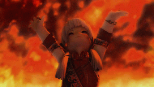 A Little Girl Is Standing In Front Of A Fire GIF