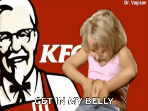 A Little Girl Is Standing In Front Of A Kfc Sign GIF