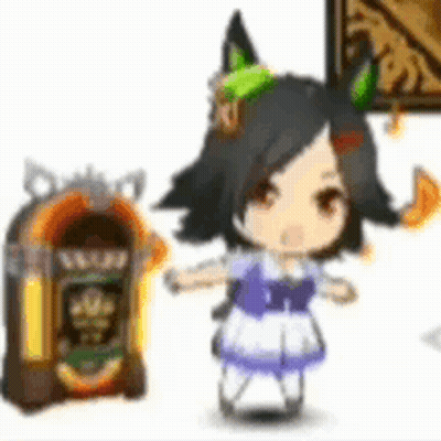 A Little Girl Is Standing Next To A Jukebox And A Picture . GIF