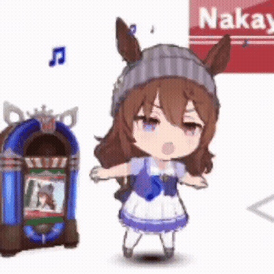 A Little Girl Is Standing Next To A Jukebox And Dancing . GIF