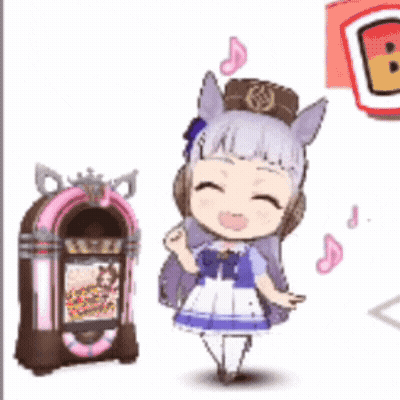 A Little Girl Is Standing Next To A Jukebox And Smiling GIF