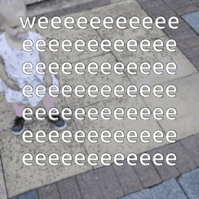 A Little Girl Is Standing On A Brick Sidewalk With The Words " Weeeee " Written In White Letters GIF
