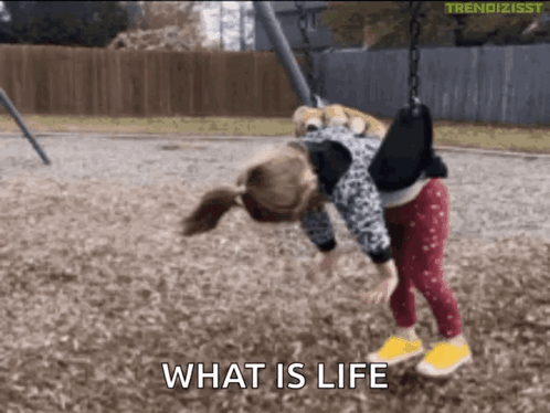 A Little Girl Is Upside Down On A Swing At A Playground . GIF