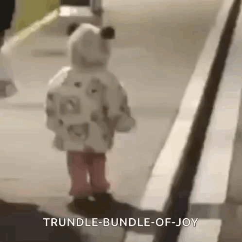 A Little Girl Is Walking Down A Sidewalk Wearing A Hoodie And Pink Pants . GIF