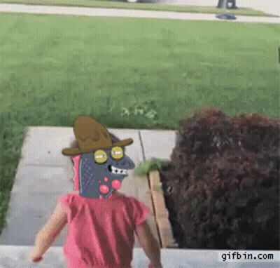 A Little Girl Is Walking Down A Sidewalk With A Cartoon Character On Her Head GIF