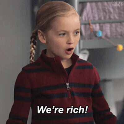 A Little Girl Is Wearing A Striped Sweater And Says We 'Re Rich . GIF