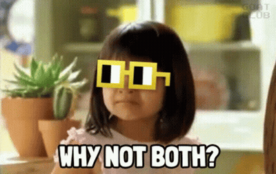 A Little Girl Is Wearing Sunglasses And Asking Why Not Both GIF