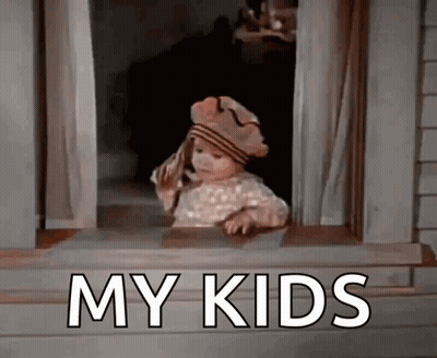 A Little Girl Looking Out A Window With The Words " My Kids " Written On The Bottom GIF