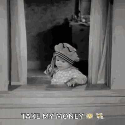 A Little Girl Looking Out Of A Window With The Words Take My Money GIF