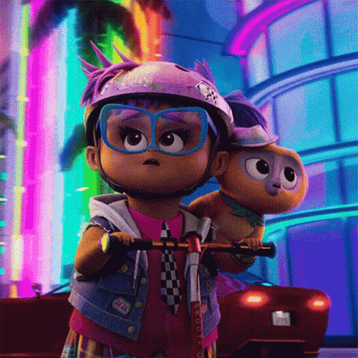 A Little Girl Riding A Scooter With A Stuffed Animal On Her Back GIF