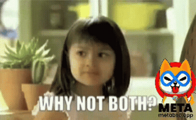 A Little Girl Says " Why Not Both " In Front Of A Picture Of A Dog GIF