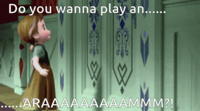 A Little Girl Standing In Front Of A Wall With The Words " Do You Wanna Play An " GIF