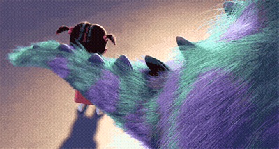 A Little Girl Standing Next To A Large Purple Furry Monster GIF