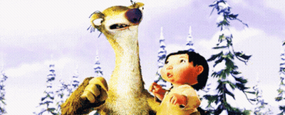 A Little Girl Standing Next To A Stuffed Animal With Trees In The Background GIF