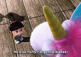 A Little Girl Talking To A Stuffed Unicorn That Says He 'S So Fluffy GIF