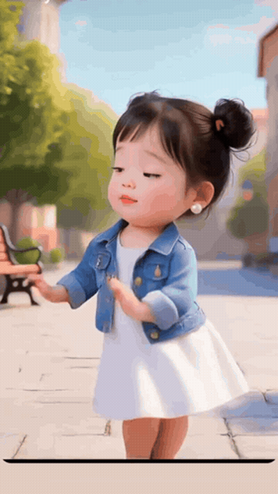 A Little Girl Wearing A Denim Jacket And A White Dress Is Walking Down A Sidewalk . GIF
