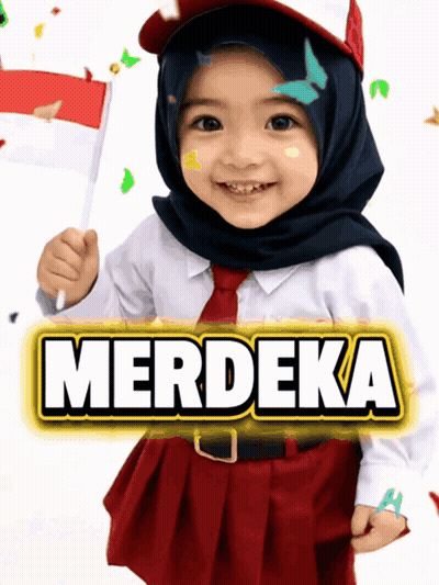 A Little Girl Wearing A Hijab And Tie Holds A Flag In Front Of A Sign That Says Merdeka GIF