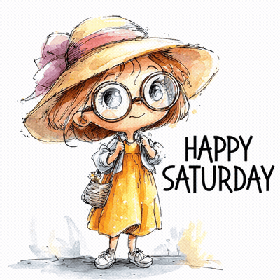 A Little Girl Wearing Glasses And A Hat Is Holding A Basket And Says Happy Saturday GIF
