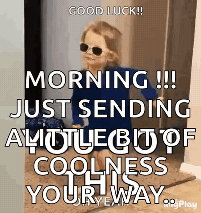 A Little Girl Wearing Sunglasses And A Blue Dress Says Good Luck GIF