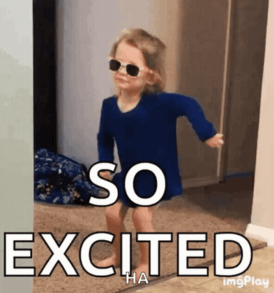 A Little Girl Wearing Sunglasses And A Blue Shirt Says So Excited Ha GIF