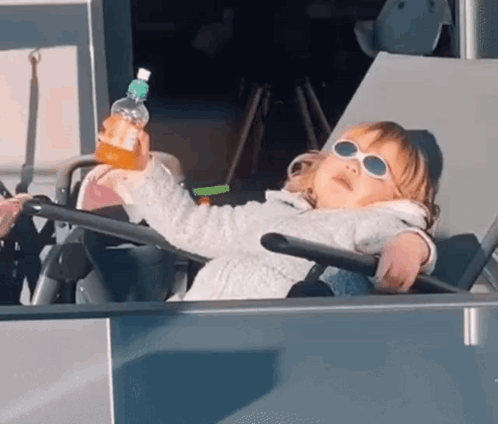 A Little Girl Wearing Sunglasses Is Sitting In A Stroller Holding A Bottle Of Water . GIF