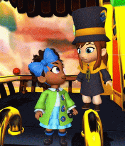 A Little Girl With A Blue Bow On Her Head Is Standing Next To A Little Girl Wearing A Top Hat GIF