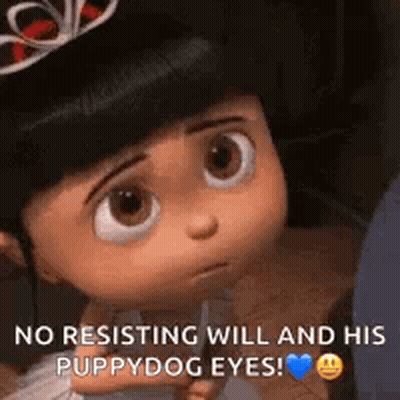 A Little Girl With A Crown On Her Head Says `` No Resisting Will And His Puppydog Eyes '' . GIF