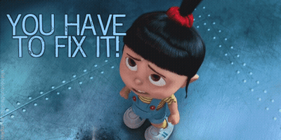A Little Girl With A Red Bow In Her Hair Is Standing In Front Of A Sign That Says " You Have To Fix It " GIF