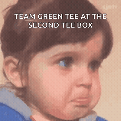 A Little Girl With A Sad Look On Her Face With The Words Team Green Tee At The Second Tee Box GIF