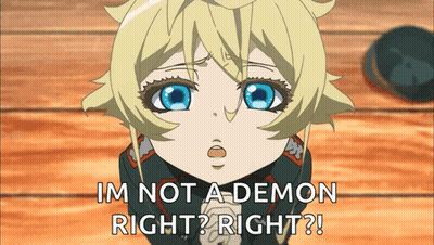 A Little Girl With Blue Eyes Is Saying I 'M Not A Demon Right Right GIF