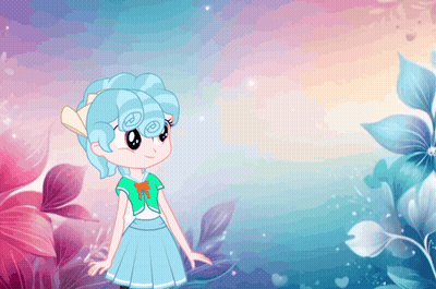 A Little Girl With Blue Hair Is Standing In A Garden GIF