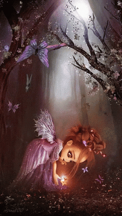 A Little Girl With Fairy Wings Is Surrounded By Butterflies And A Tree GIF