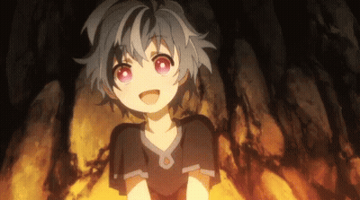 A Little Girl With Gray Hair And Red Eyes Is Smiling And Looking Up . GIF