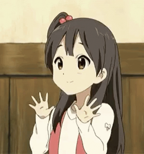 A Little Girl With Long Black Hair Is Waving Her Hand In The Air . GIF