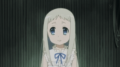 A Little Girl With Long White Hair And A Blue Bow On Her Shirt Is Smiling . GIF