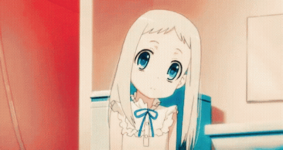 A Little Girl With Long White Hair And Blue Eyes Is Standing In A Room . GIF