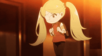A Little Girl With Pigtails And A Bandage On Her Eye Is Standing In A Hallway . GIF