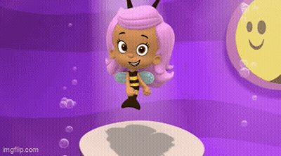 A Little Girl With Pink Hair And A Bee Outfit Is Standing On A Purple Surface . GIF
